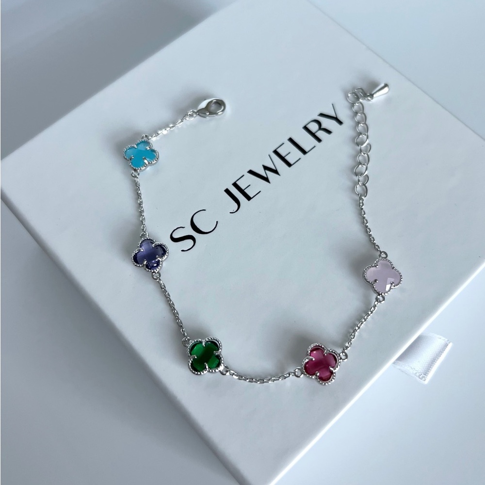 Clover Bracelet 14k Gold Filled Silver Color Luxury Jewelry - Picture 3 of 6